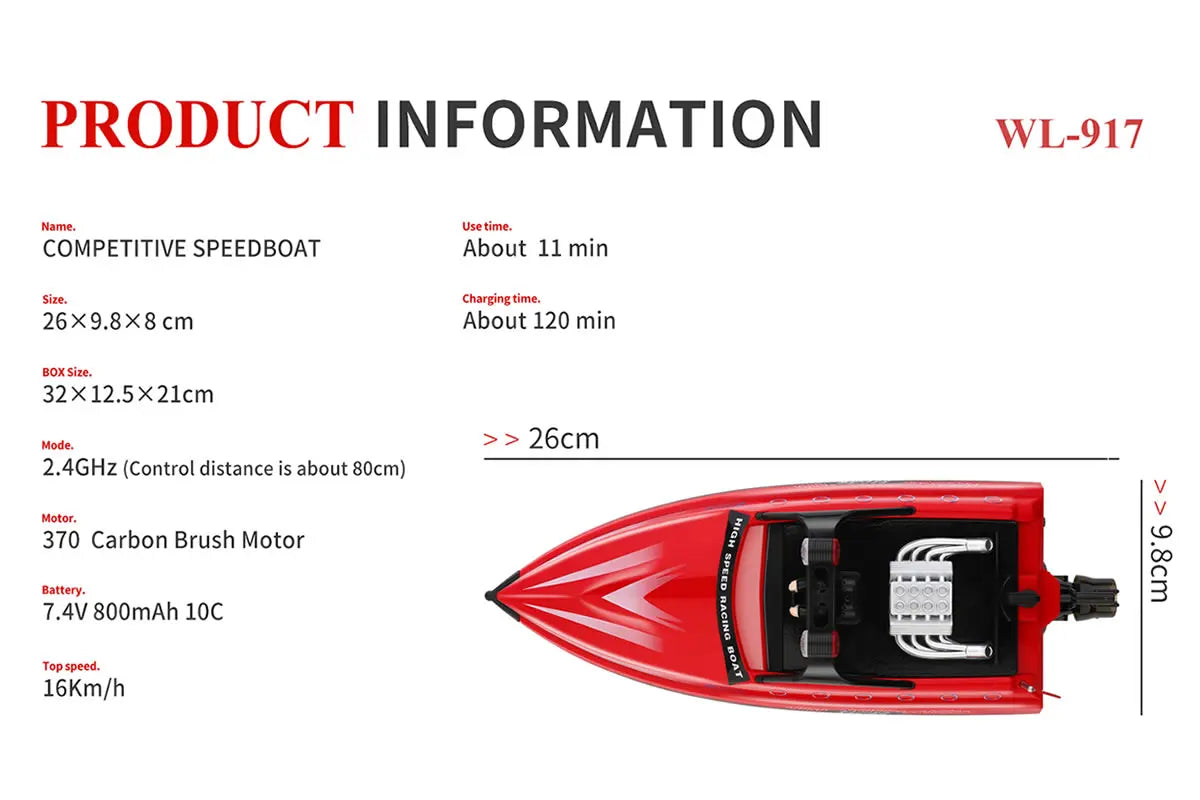 WL917 RC Racing Boat 16KM/H 2.4GHz Remote Control Speedboat with carry case
